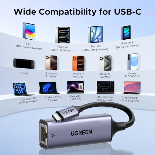 Image of UGREEN USB C to Ethernet Adapter, Plug and Play 1Gbps Aluminum Adapter | (Thunderbolt 4 /3 Compatible) to RJ45 Network Dongle, Compatible for MacBook Pro /Air, iPhone 17 Pro /Max, iPad, XPS