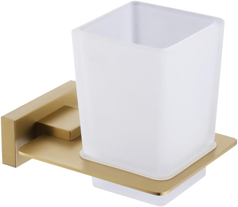 Toothbrush Holder Brushed Gold, Wall-Mounted 304 Stainless Steel Toothbrush Holder with Glass Cup, Bathroom Hardware Decoration Accessories