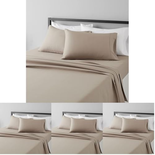 Image of Amazon Basics Lightweight Super Soft Easy Care Wrinkle Free Breathable Microfiber 4 Piece Bed Sheet Set with 14-Inch Deep Pockets,King,Taupe,Solid,(Pack of 4)