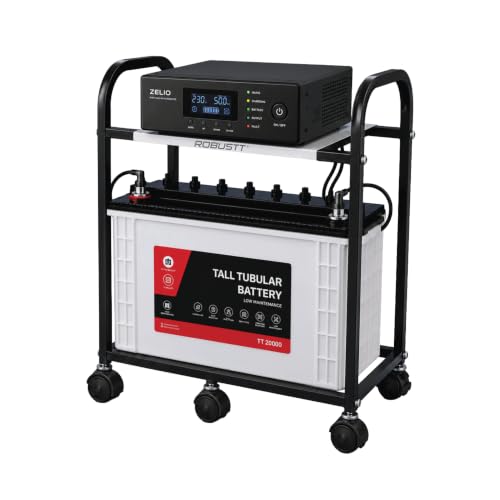 Robustt 2-Tier Metal UPS Inverter Trolley for Home | Heavy-Duty Inverter Battery Stand | 100 kg Load Capacity | Powder-Coated Rust-Resistant Frame | 5 Plastic 360° Swivel Wheels | Black - Image 2