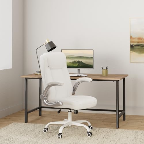 Image of Misolant Desk Chair, Big and Tall Office Chair with Flip Up Armrest, PU Faux Leather High Back Executive Computer Desk Chair with Rocking Function Ivory White