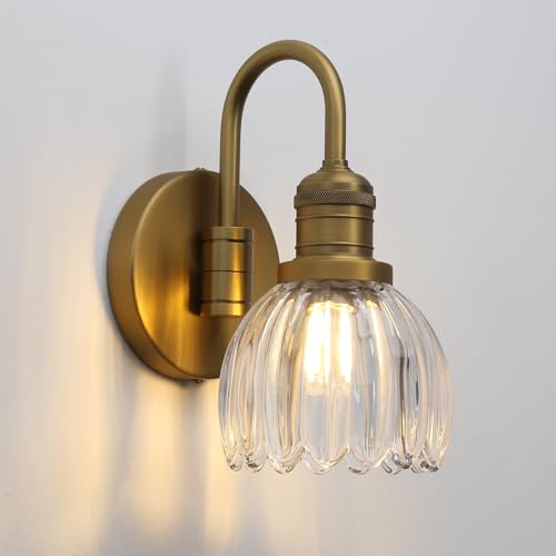 Yosoan Industrial Tulip Sconce Wall Light Fitting with Clear Glass Lampshade, Gooseneck Wall Lights Indoor for Kitchen Living Room Bedroom Loft Bar (Antique Gold)