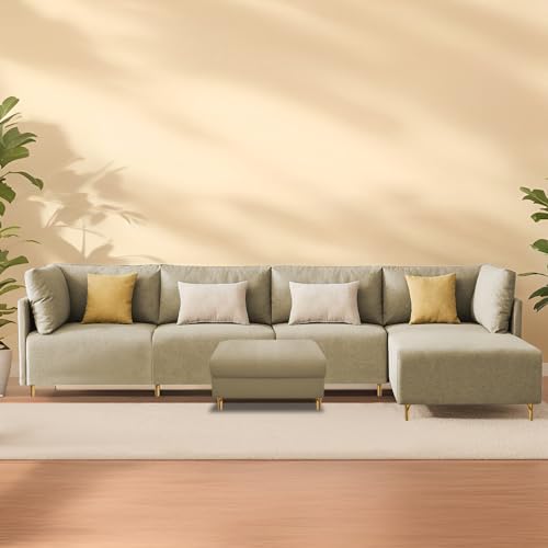 Image of Carina RHS 6 Seater L Shape Sofa Set with Center Table for Living Room (Cream Fabric) Premium Fabric Sofa