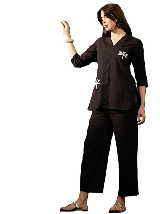 BrownEra Women’s Co-ord Set (top & Pant) with Dragonfly Embroidery, 3/4 Sleeve V-Neck Top with Palazzo Pants