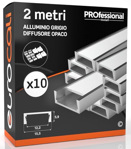 Eurocali 10x Profili da 2 metri (20mt) in Alluminio grigio per Strisce LED Schermatura Opaca ingombro max striscia led 12.2mm - 15.5 x 5.9