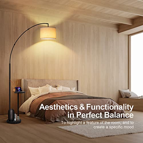 Outon Arc Floor Lamp With Table And Marble Base, 81" Height Led Dimmable Floor Lamp With Remote & 4 Color Temperature, Tall Standing Lamp With Adjustable Hanging Drum Shade For Living Room, Bedroom #TOP6