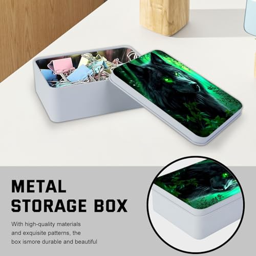 Image of Metal Tin Box with Lid,Multi-functional Storage Box Can Store Tea Biscuits Game Cards, Playing & Tarot Cards-Comes with 4 Magnetic Cord Clips,Wolf with Glowing Green Eyes