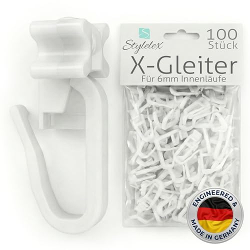 Faltengleiter | X-Gleiter mit Faltenlegehaken für Gardinenschienen | für 6mm Innenläufe | Qualität Made in Germany | 100 Stück