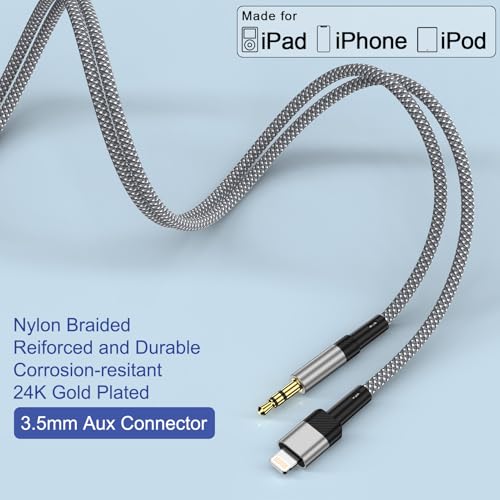 Aux Cable for iPhone in Car Aux to iPhone Connector Cable 3.5mm Headphone Jack Adapter Nylon Braided Audio Cord For iPhone 14 Pro Max 13 12 11 Pro 11 Car Stereo Speakers Headphones i Pad (1M),Grey - Image 2