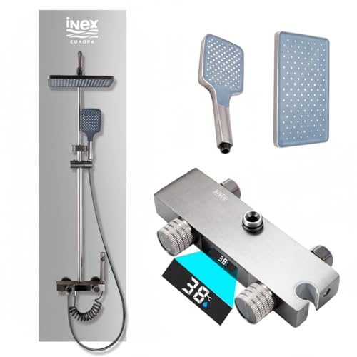 INEX EUROPA Columna de Ducha Termostática con Pantalla Digital - Columna Baño Negro Gris Titanio con Altura Regulable - Ducha Cascada y Chorro Concentrado - Columna Moderna de Fácil Instalación