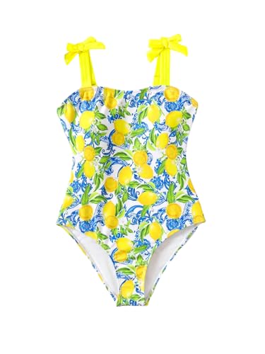 OYOANGLE Girl's One Piece Swimsuit Cute Lemon Print Tie Shoulder Bathing Suits Beachwear - Main Image