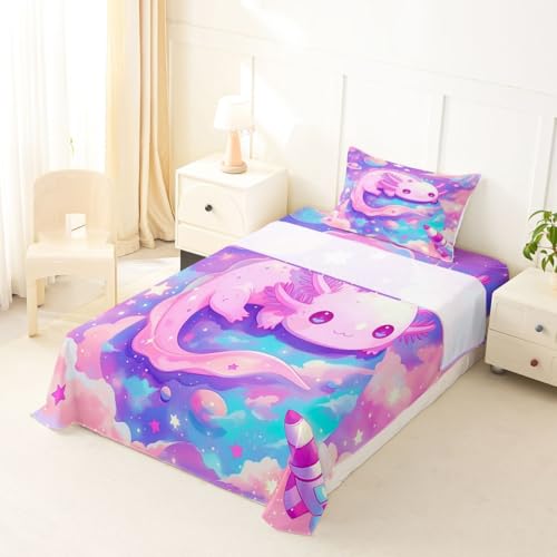 Image of jejeloiu Cute Axolotl Bed Sheets Sets Twin Size Kids Boys Girls Galaxy Planet Space Bedding Set Cartoon Animal Bed Sheet Set with 16-Inch Deep Pockets Pink Dreamy Starry 3Pcs with 1 Pillow Cases
