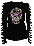 Bling Sugar Skull Rhinestone T-Shirt,Heart Neon Stud Ripped Cut Out Long (2X-Large)