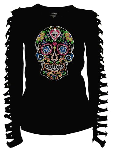 Bling Sugar Skull Rhinestone T-Shirt,Heart Neon Stud Ripped Cut Out Long (2X-Large)