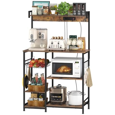 PUSDON Bakers Rack with Power Outlet, Microwave Shelf Coffee Bar Large Kitchen Storage Rack with Wire Basket, for Spices, Pots and Pans Organizer, Burning Clouds Cover