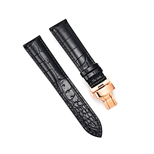 DISMAY Watch Band Strap Genuine Leather Alligator Patterned (22mm, Black & Rose Gold Butterfly Buckle)