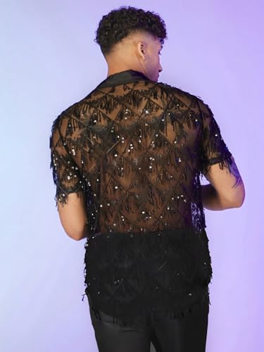 WDIRARA Men's Contrast Sequin Fringe Mesh Button Short Sleeve Lapel Neck See Through Party Shirt Top2