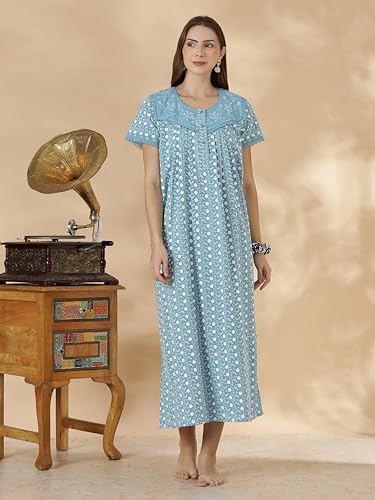 Image of 9shines Label Stylish Chikankari Cotton Nighty Maxi for Women | Full Length Nightgown | Nightdress with Pocket | Embroidery Nighty | Soft Comfortable Cotton Nightwear (1545)