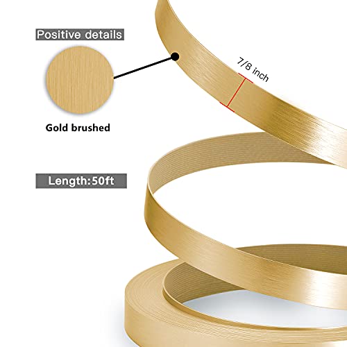 Image of Gold Edge Banding, 7 /8 inch x 50ft Brushed Aluminum Edge Banding PVC Aluminum Edge Trim for Cabinet Repair Furniture Restoration