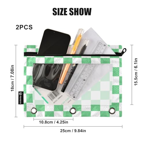 Image of Green-White Lattice Pencil Pouch for 3 Ring Binder with Zipper 2 Pack Binder Pouches Cosmetic Bag with Clear Window