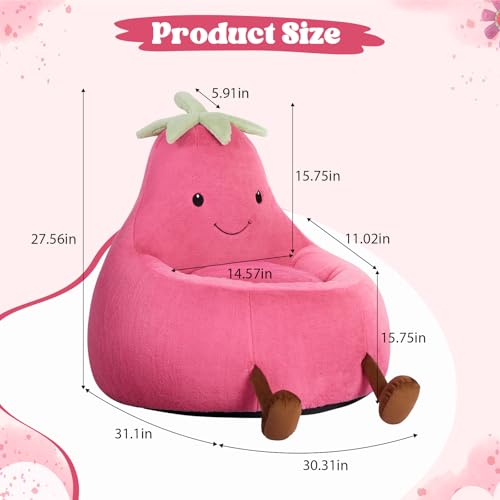 Image of 31 Inches Memory Foam Bean Bag Chair - Ultra Soft Faux Rabbit Fur Round Sofa with Handle & Machine Washable Cover, Eggplant-Shaped Kids Reading Chair for Bedroom, Living Room and Playroom, Magenta