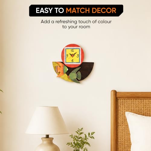 Image of AAKRITI ART CREATIONS Wall Clock Handcrafted Wooden with Fish Motif Multicolor | Clock for Home, Home Decoration | Abstract Art Wall Clock, Lightweight Wooden wall Decor | Matte Finish