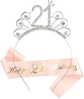 21st Birthday Tiara and Sash, Glitter Satin Sash and Crystal Crown Tiara for Girls Women 21st Birthday Gift Party Accessories
