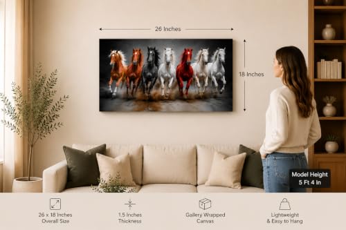 Image of 7 Horse Vastu Sunrise Canvas Painting | Positive Energy Wall Decor | Big Size Premium Running Horses Artwork for Home, Office & Hall Decoration (Modern, Sand Horse, 26x18 Inch)