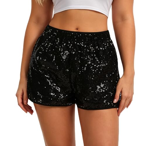 Kripdaya Womens Black Sequin Shorts Sparkly High Waist Glitter Festival Shorts for Rave Party Concert Small