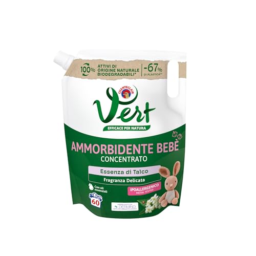 Vert - Ammorbidente Lavatrice Bebè Concentrato - Essenza di Talco, Fragranza di Lunga Durata 100% Origine Naturale, Ipoallergenico, per Pelli Sensibili - Flacone da 1200 ml, 60 Lavaggi