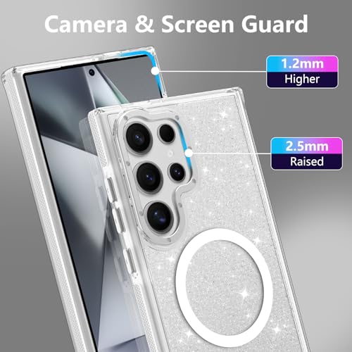 Image of Magnetic Case for Samsung Galaxy S24 Ultra [Compatible with Magsafe] [Bling Glitter Fluorescent Design] [1 Screen Protector] Slim Translucent Matte Case for Galaxy S24 Ultra 6.8 inch, White