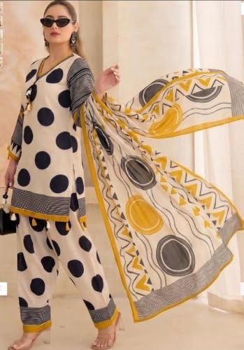 Image of Women's Pure Cotton 60-60 Printed Short Anarkali Kurta, Pant, and Dupatta Set with Front Dori and Heavy Tassels (Polka Dot Black & Cream)