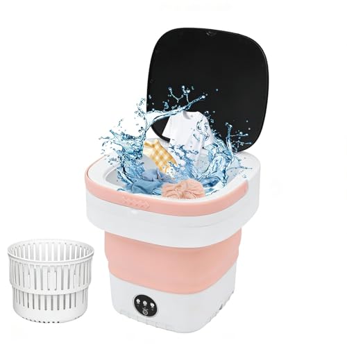 awolsrgiop Mini Waschmaschine 12L, Tragbare Faltbare Waschmaschine, Reisewaschmaschine mit Abflussrohr und Abnehmbarer Trockenkorb, 3 Waschprogramme bis 10 Min, für Camping und Reise, Hotels, Rosa