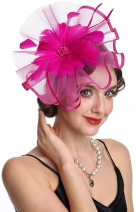 Fascinator Hat Feather Mesh Net Veil Party Hat Ascot Hats Flower Derby Hat with Clip and Hairband for Women
