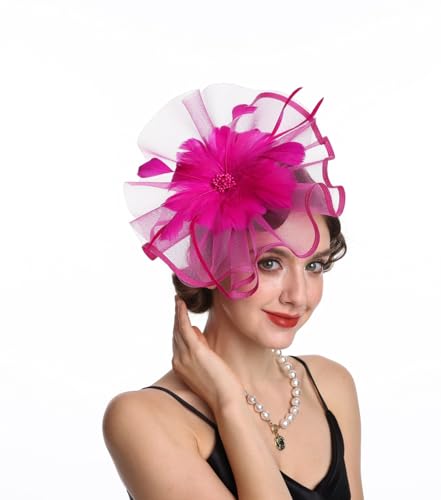 Fascinator Hat Feather Mesh Net Veil Party Hat Ascot Hats Flower Derby Hat with Clip and Hairband for Women (A1-Fuchsia)