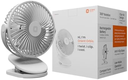 Orient Electric Orbis Rechargeable Personal Fan | 360° Rotation | 1800 mAh Battery | 4 Speed Modes with Timer | Quiet Operation | USB Type-C Charging | Clip-On Mini Fan | Cloud White