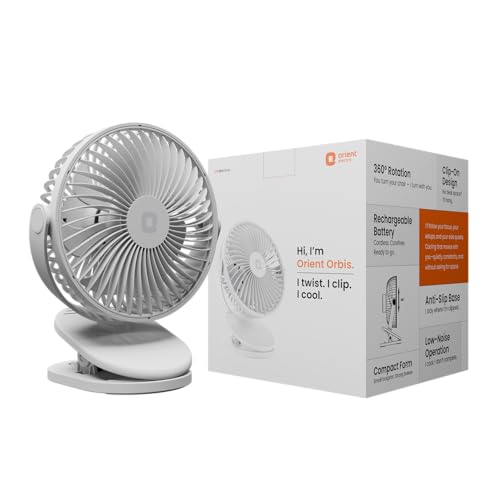 Image of Orient Electric Orbis Rechargeable Personal Fan | 360 Rotation | 1800 mAh Battery | 4 Speed Modes with Timer | Quiet Operation | USB Type-C Charging | Clip-On Mini Fan | Cloud White