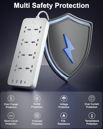 Image of FEDUS Surge Protector, 8 Universal Sockets with USB Port Type A & C, 5 Meter 16 Feet Long Cable, Extension Board Cord, Automatic Overload Protection, Fireproof Power Strip Switch Board, Spike Guard