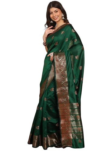 Banarasi Silk Saree for Women with Zari Work & Unstitched Brocade Blouse – Elegant Indian Ethnic Wear for Weddings & Parties (BOTTLE GREEN)