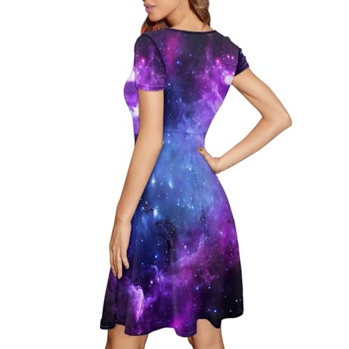Image of Forchrinse Purple Galaxy Space Dress for Women 3D Galaxy Sexy Tunic Dress Loose Fit Short Sleeve Flowy Swing Dress A Line Tank Dress Skater Dress for Wedding Party, XX-Large