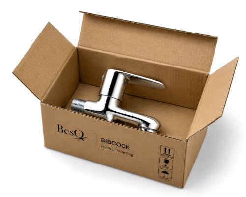Image of Wall Mounted Bib Cock | Faucet for Bathroom, Kitchen Wash Basin and Utility Areas | Heavy Duty Brass Construction with Mirror Chrome Finish | Smooth Single Lever Water Tap for Residential