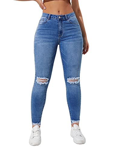 Floerns Women's Destructed Ripped High Rise Raw Hem Cropped Skinny Jeans