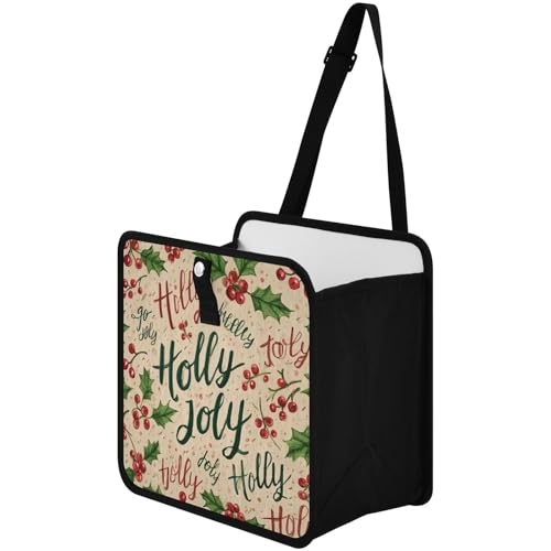 Image of Car Trash Can Organizer Bin with Adjustable Strap for Back Front Seat Console Waterproof Leakproof Collapsible Portable 11 Inch Beige Cherries Holly Jolly