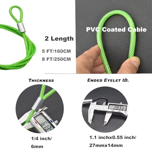Image of 5FT 6mm Stainless Security Cables Tether,Braided Steel Vinyl Coated Safety Strap Luggage Lock,Flexible Wire Lead Chain Leash with Double Loops,Green