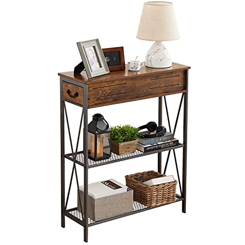 VECELO コンソールテーブル 玄関テーブル ソファサイドテーブル レトロブラウン 引き出し付き 収納棚付き スリム 狭い 飾り棚 レトロ おしゃれ 幅80cm×奥行30cm×高さ100cm 【日本正規輸入品】