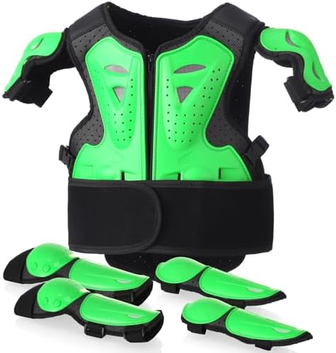 Jugend Schutzset mit brustpanzer Kinder und rückenprotektor Kinder, verstellbare Motorradjacke mit MTB Protektoren sowie Ellbogen- & Knieschützern für Radfahren, Skaten und Scooter