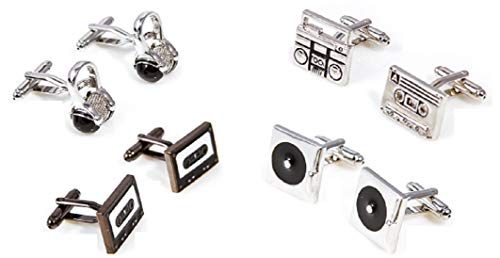 MRCUFF DJ Music Headphones Turntables Cassette Boom Box 4 Pairs Cufflinks in a Presentation Gift Box & Polishing Cloth