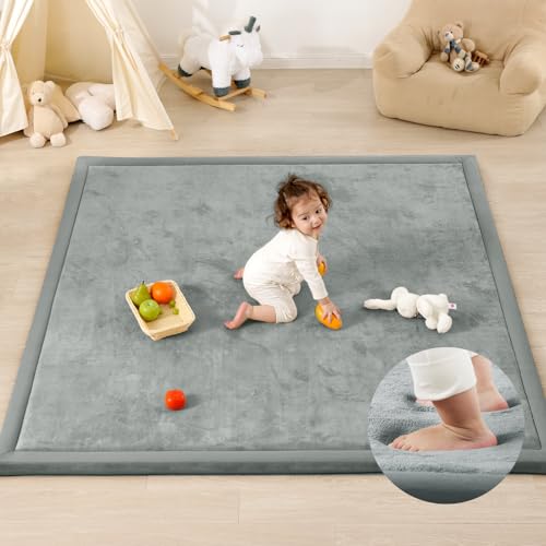 Image of PaPaMat 1.3" Thick Baby Play Mat for Floor, 39x59 Foam Tummy Time Mat, Padded Support Soft Plush Nursery Rug for Infant Kids Toddler Crawling Kick Activity (Light Grey)