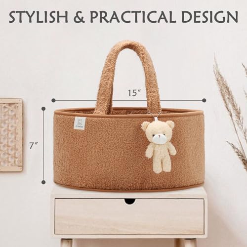 CLYMENE Baby Diaper Caddy Organizer, Nursery Storage Basket for Diapers and Wipes - Newborn Changing Table Essentials, Baby Gift Registry for Baby Shower - Diaper Tote Bag for Car Travel - Brown Beige