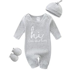 Baby Romper with Baby Mittens & Newborn Hats Footless Long Sleeve Solid Onesie Hi Im New Here
